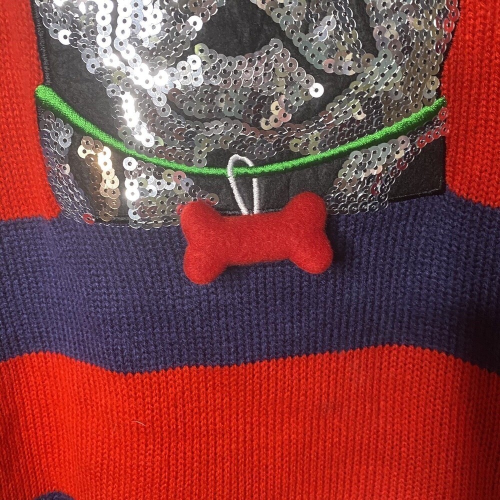 HOLIDAY TIME Pug Dog Ugly Christmas Sweater Sz XL Sequin Red Navy Blue - Picture 5 of 9